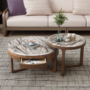 Solid Wood Round Marble Coffee Table Combination